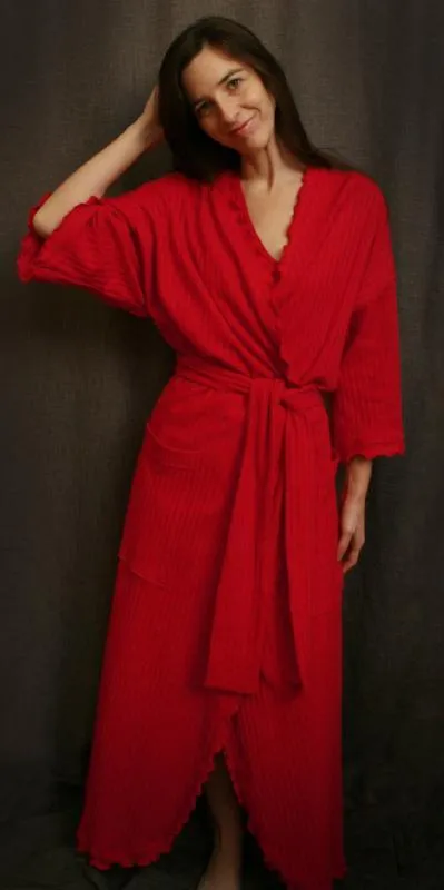 CHERRY RED Long Wrap Robe Shadow Stripe