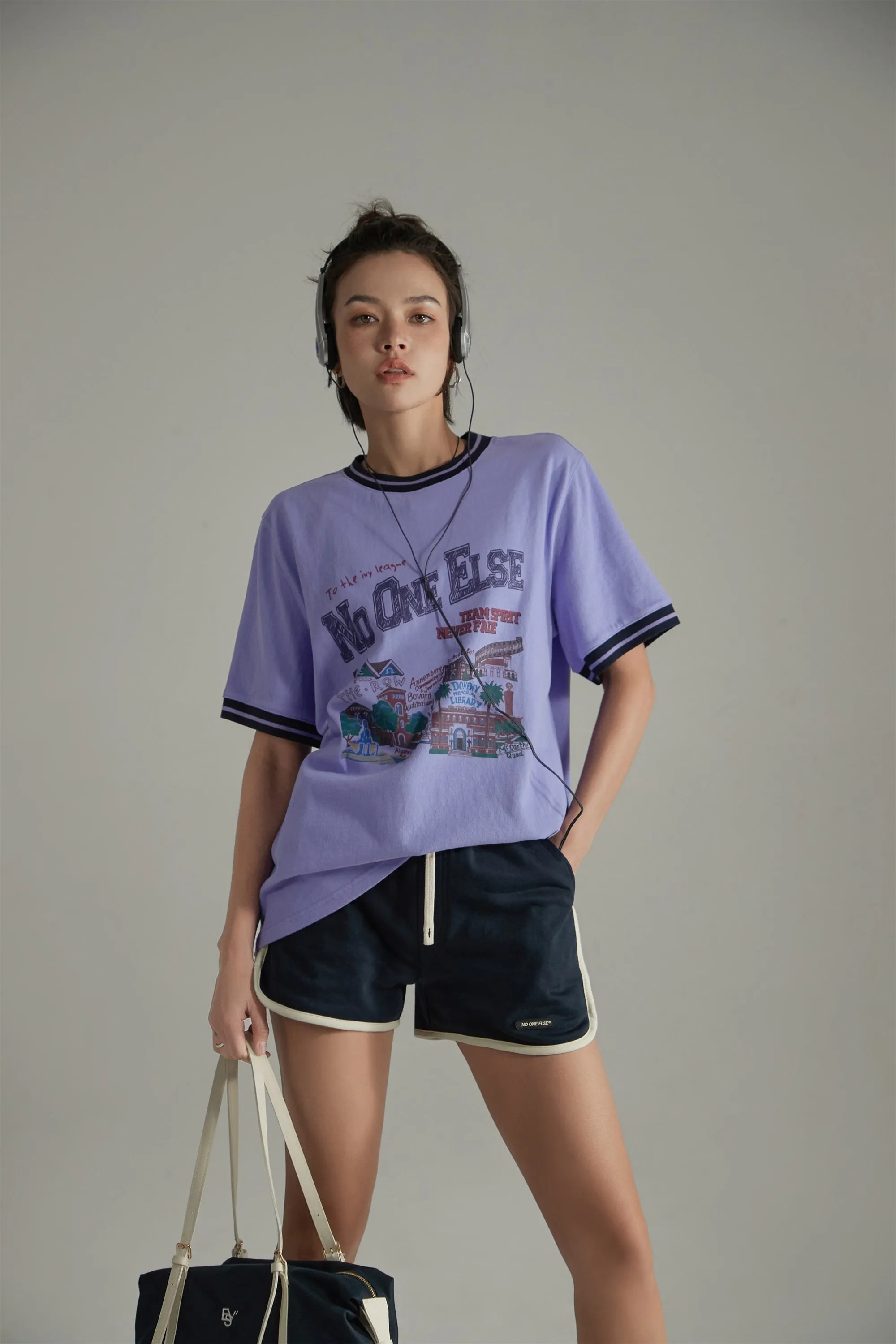 College Style Printed Colorblocked Line T-Shirt