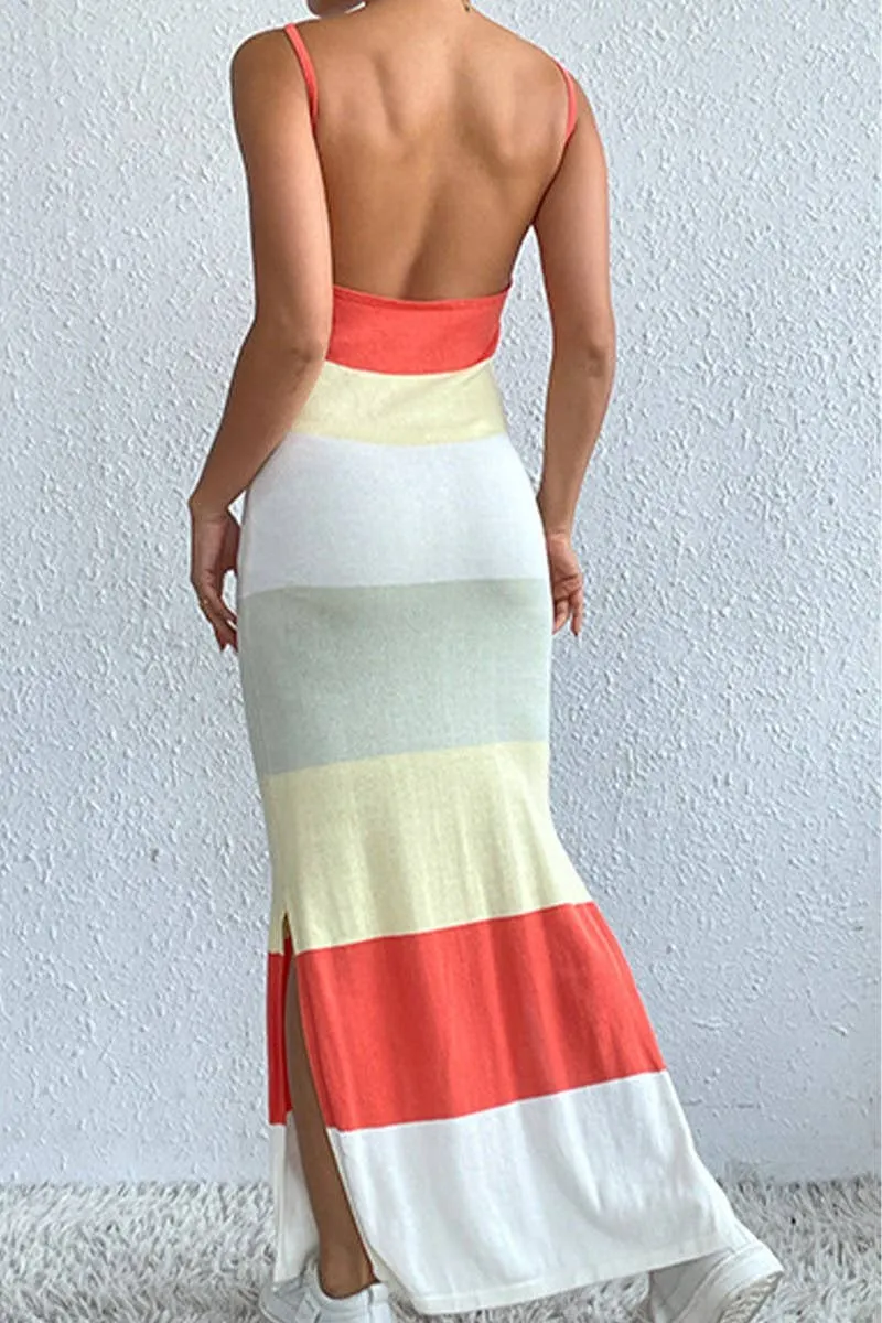 COLOR STRIPED BACKLESS SLIT KNIT SLIP MAXI DRESS_CWDMD1308