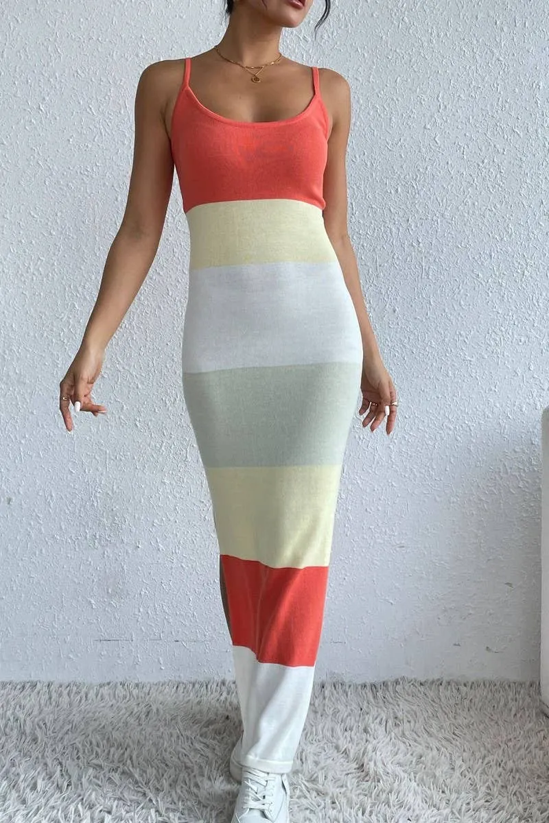 COLOR STRIPED BACKLESS SLIT KNIT SLIP MAXI DRESS_CWDMD1308