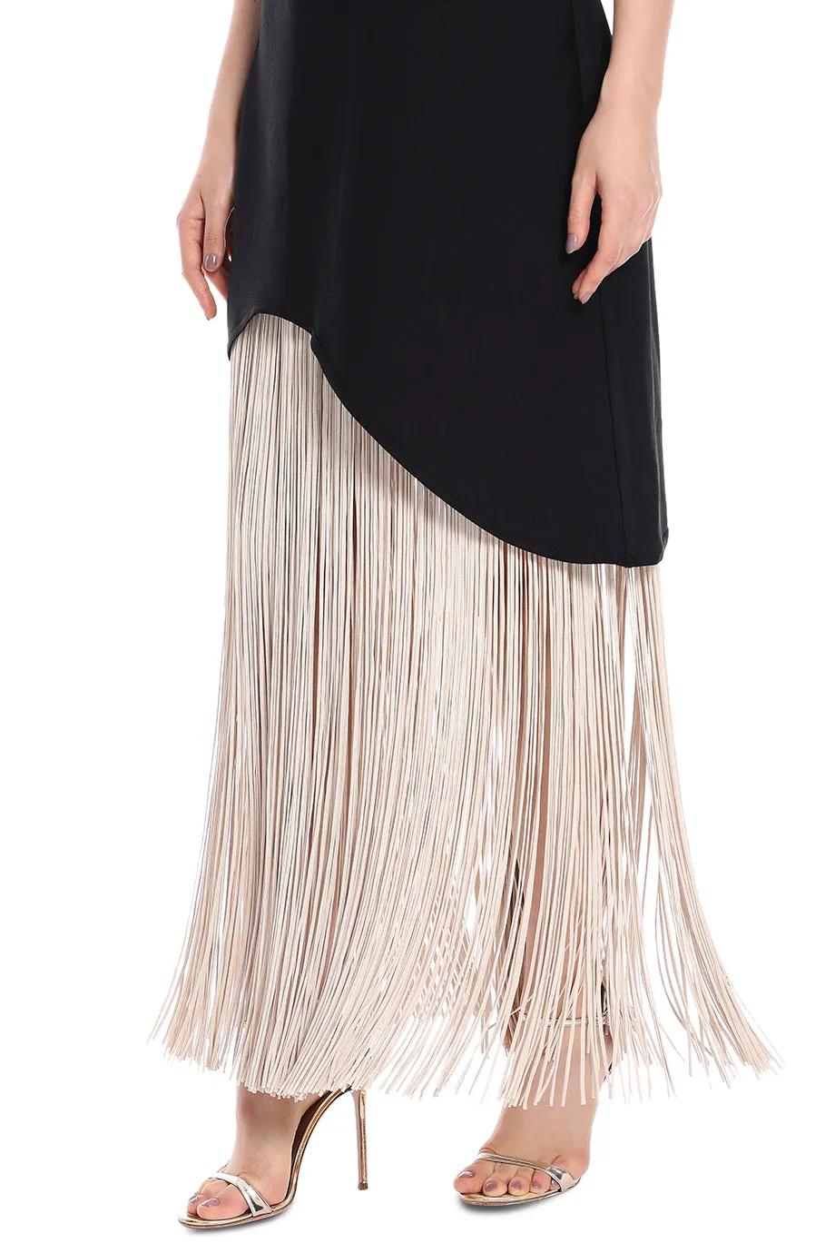 Crew Neck Asymmetric Hem Fringe Maxi Gown