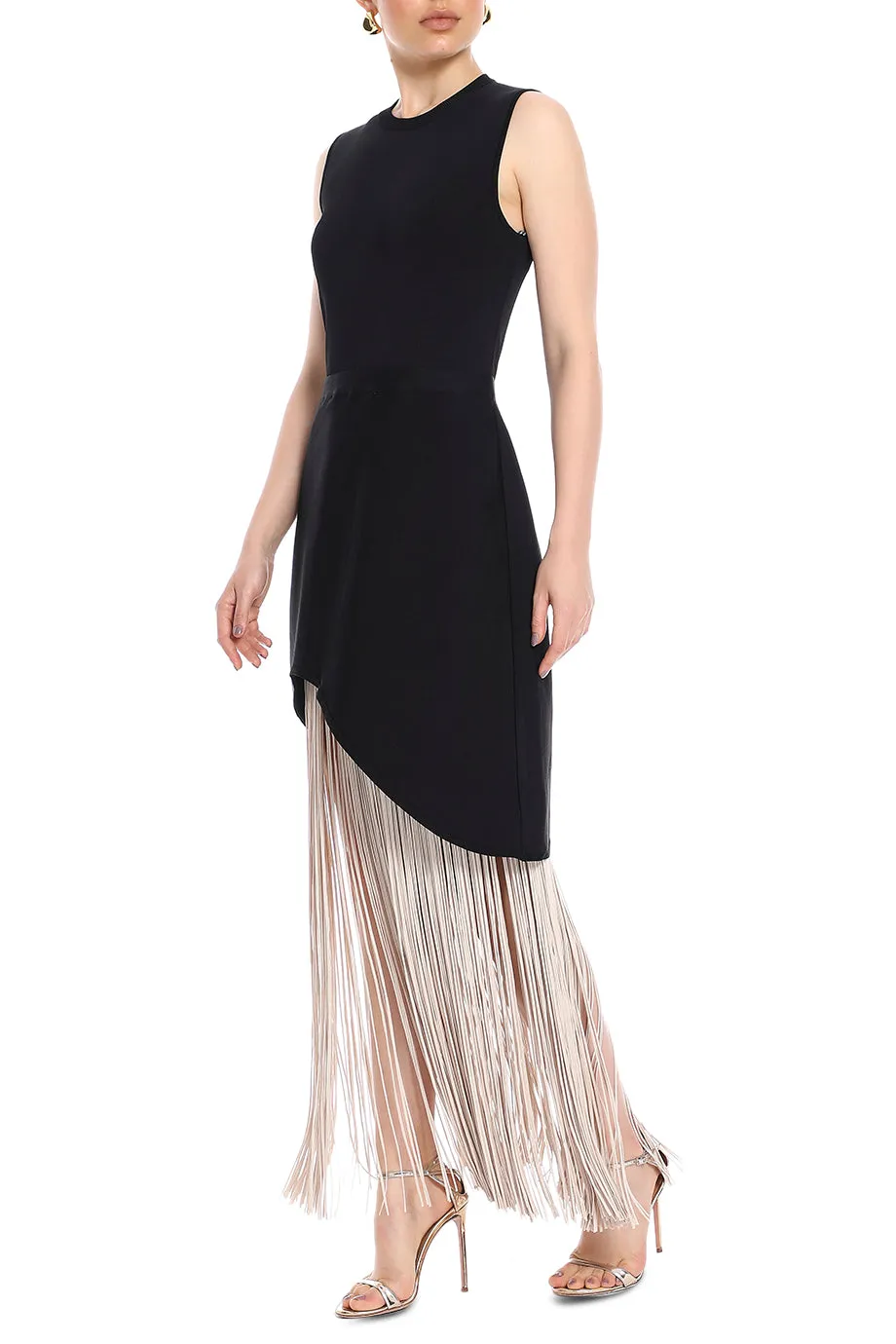 Crew Neck Asymmetric Hem Fringe Maxi Gown