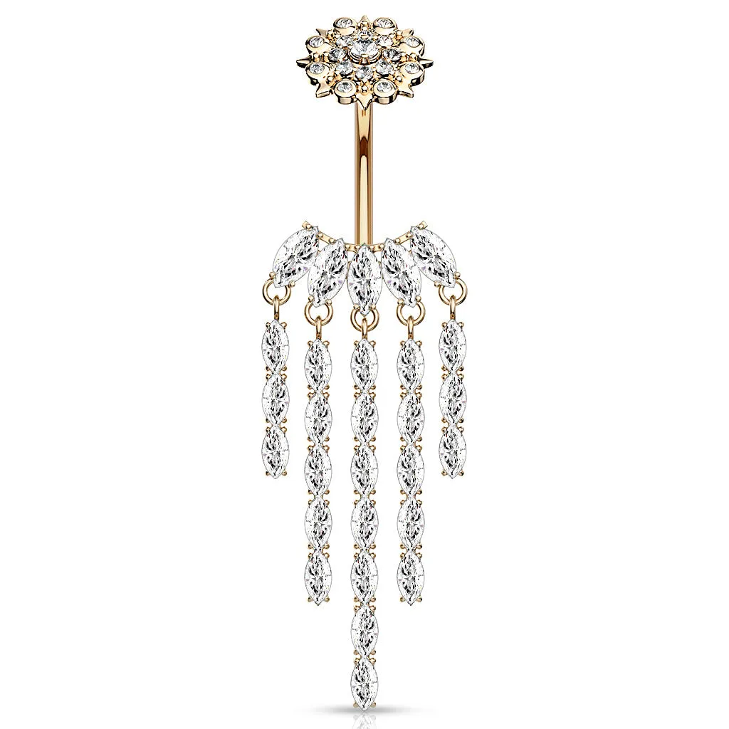 Crowned Ice Chandelier Belly Bar with Rose Gold Plating