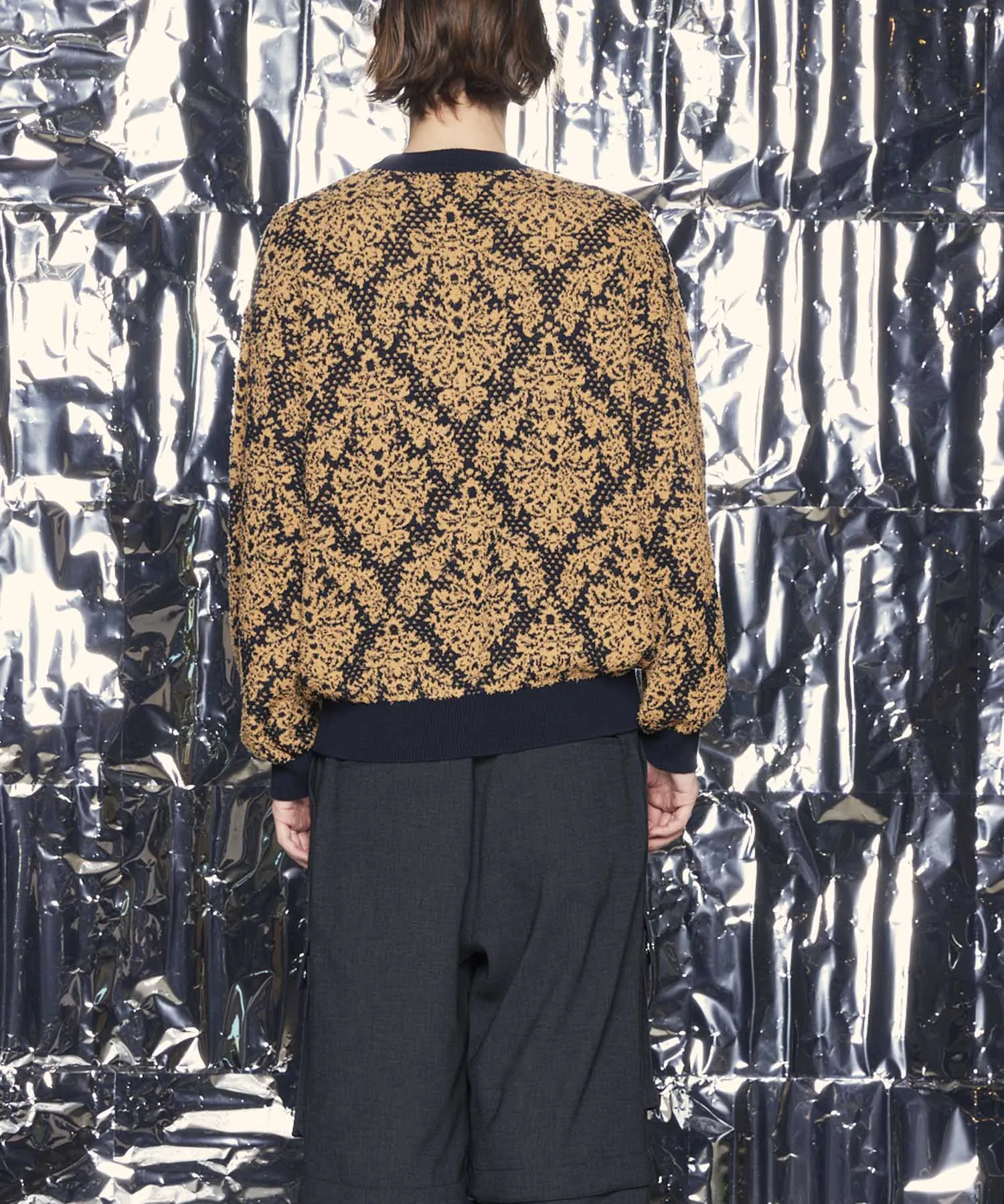 Damask Jacquard Prime-Over Crew Neck Knit Pullover