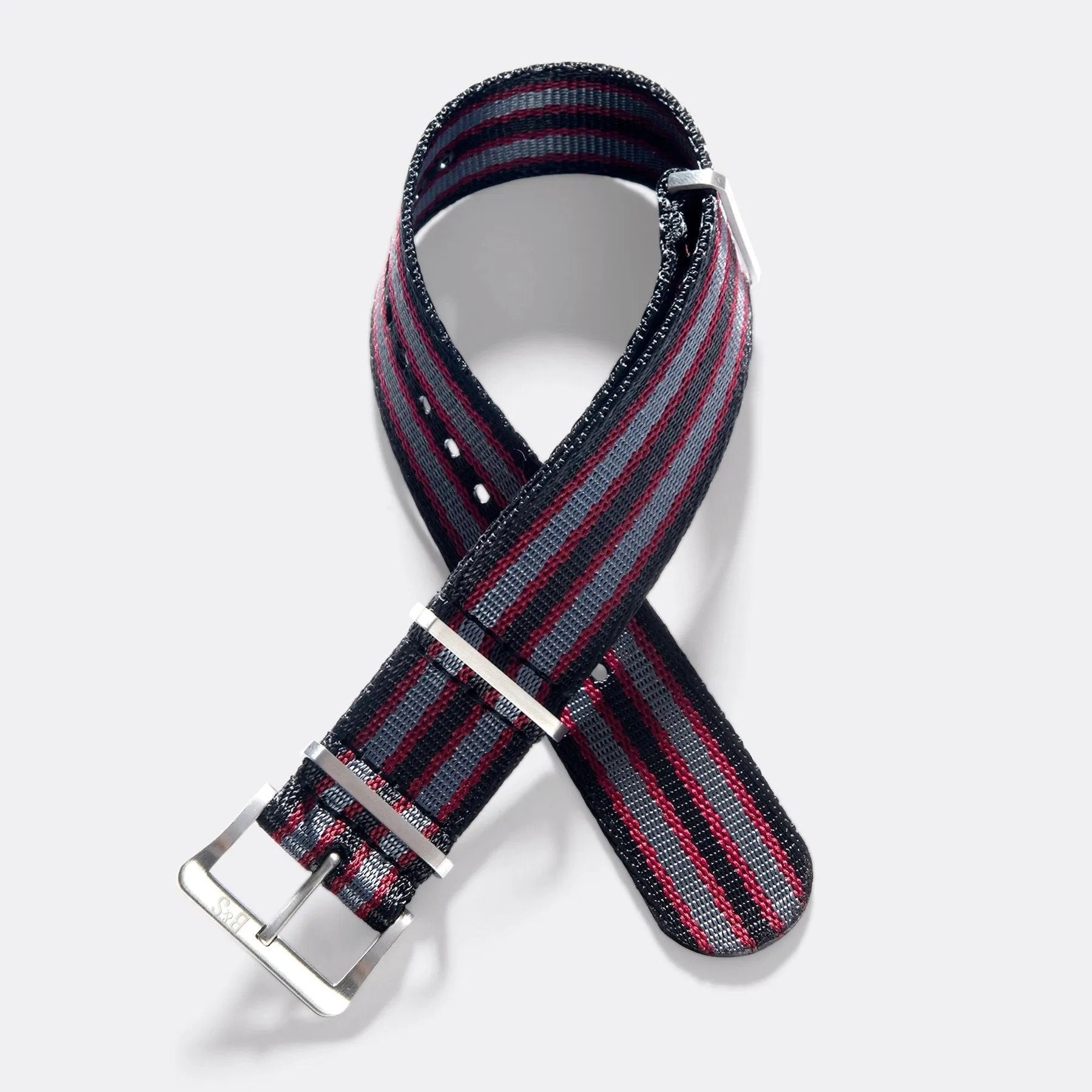 Deluxe Nylon Single Pass Watch Strap Black Two Stripes Grey Bordeaux Stripe