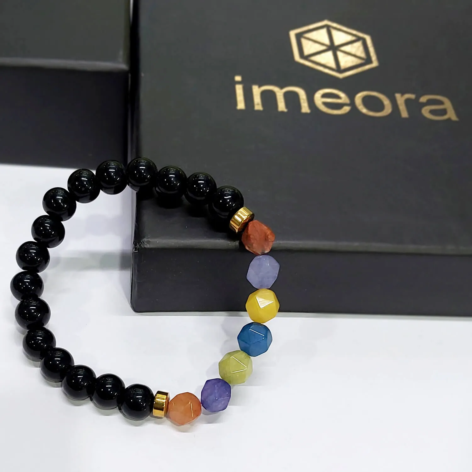 Diamond Cut 7 Chakra With Black Tourmaline And Golden Hematite Natural Stone Bracelet