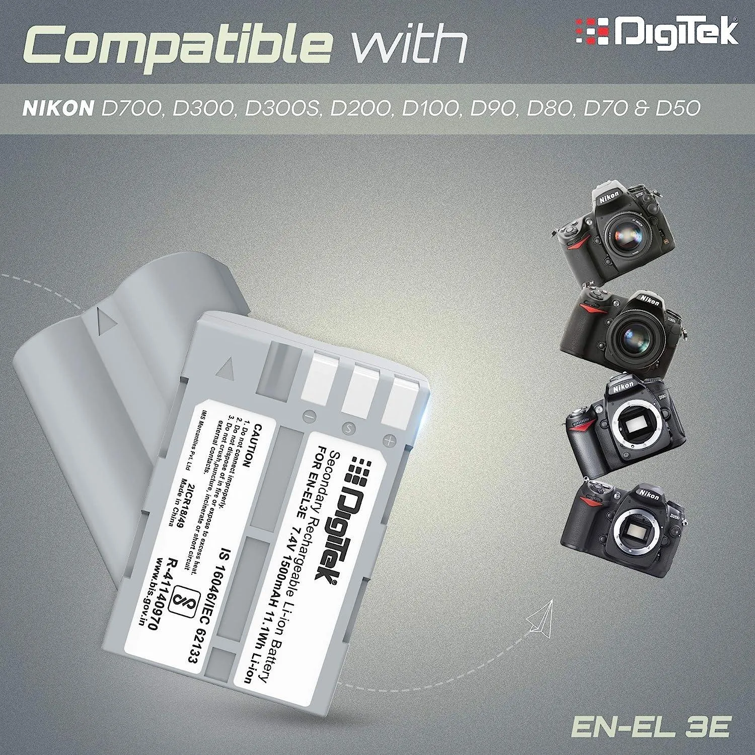 Digitek (ENEL 3E) Rechargeable Li-ion (1500mAh) Battery Packs for Nikon Digital Camera, Compatibility - D700, D300, D300S, D200, D100, D90, D80, D70 & D50