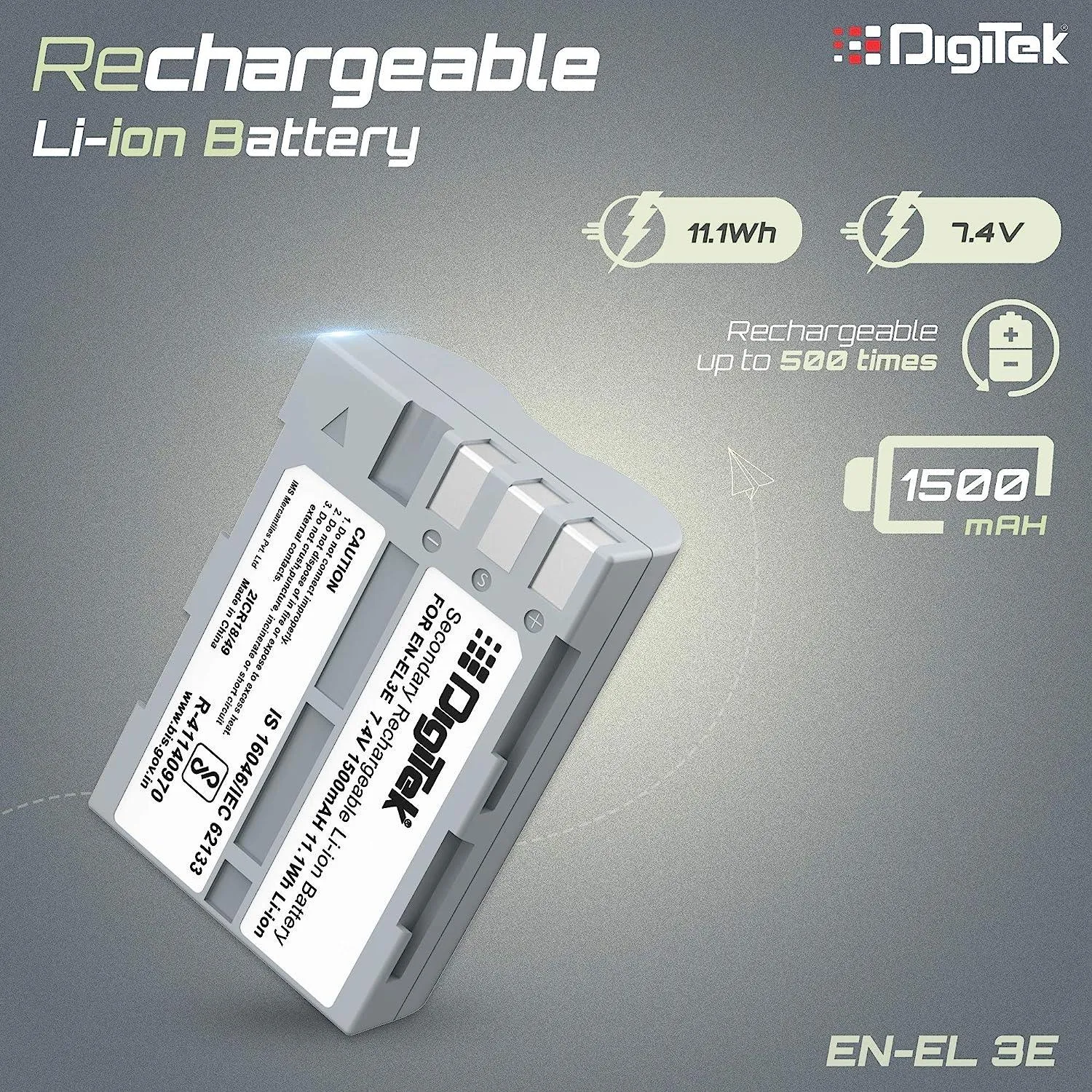 Digitek (ENEL 3E) Rechargeable Li-ion (1500mAh) Battery Packs for Nikon Digital Camera, Compatibility - D700, D300, D300S, D200, D100, D90, D80, D70 & D50