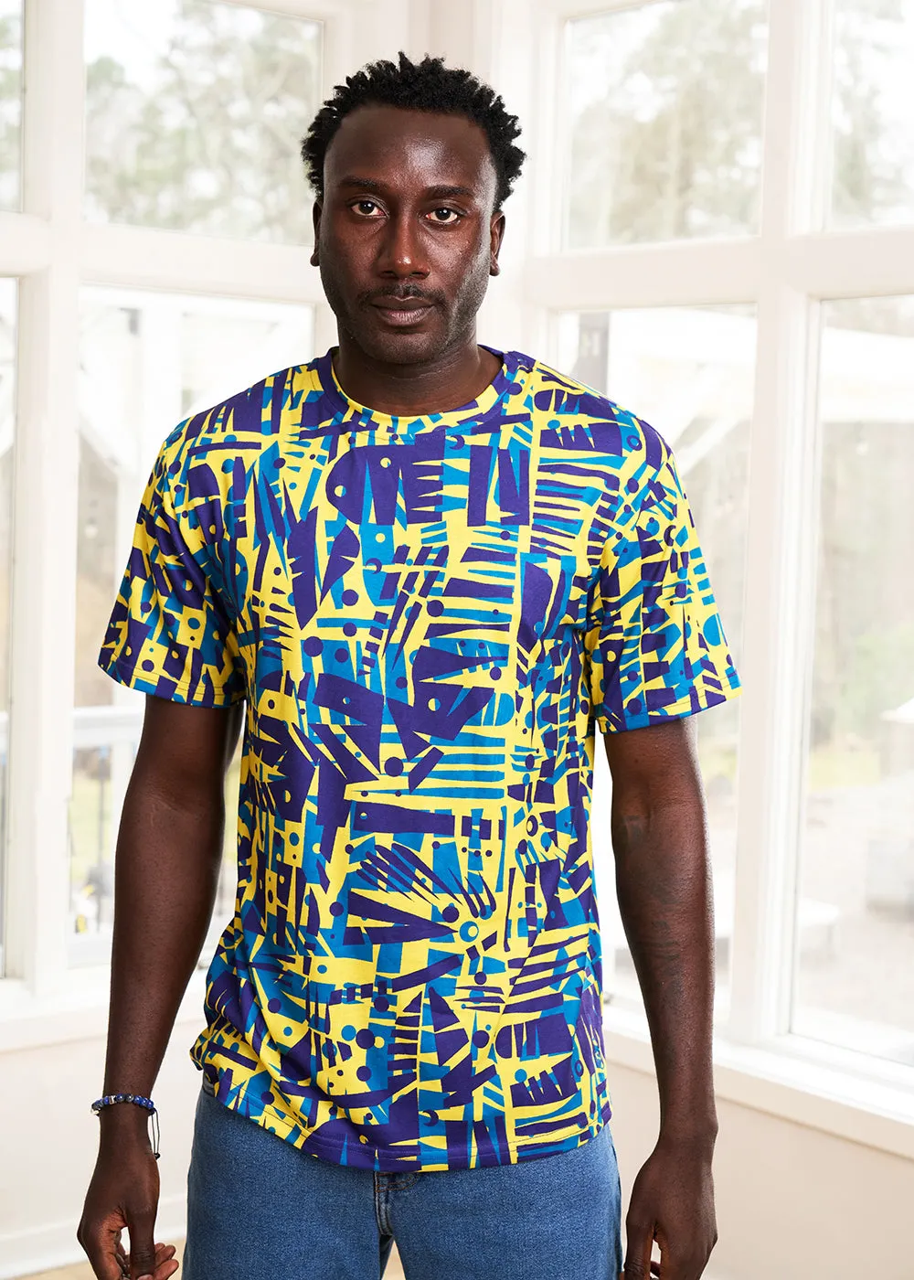 Edalo Men's African Print Active T-Shirt (Neon Tropical Stamp)