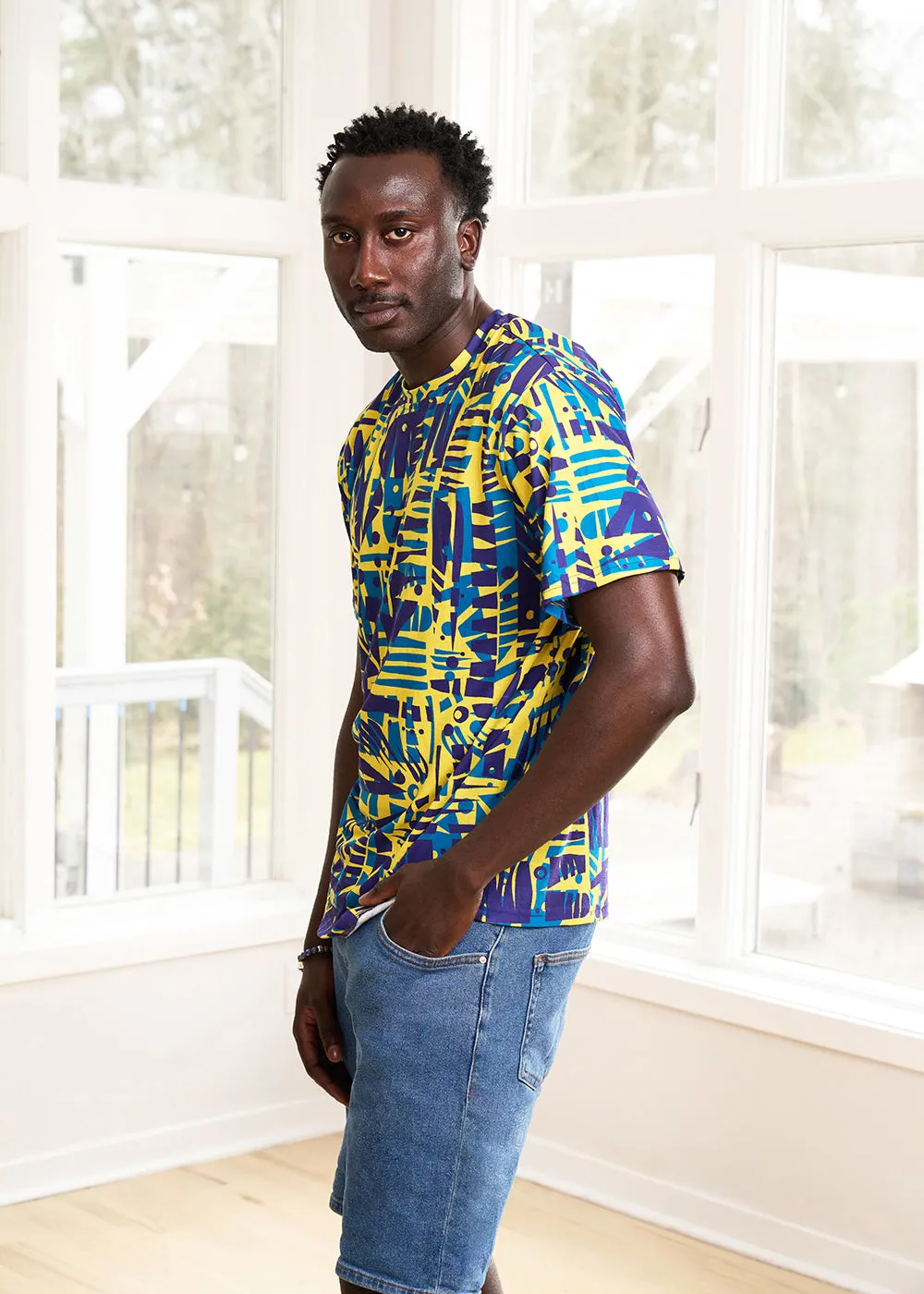 Edalo Men's African Print Active T-Shirt (Neon Tropical Stamp)