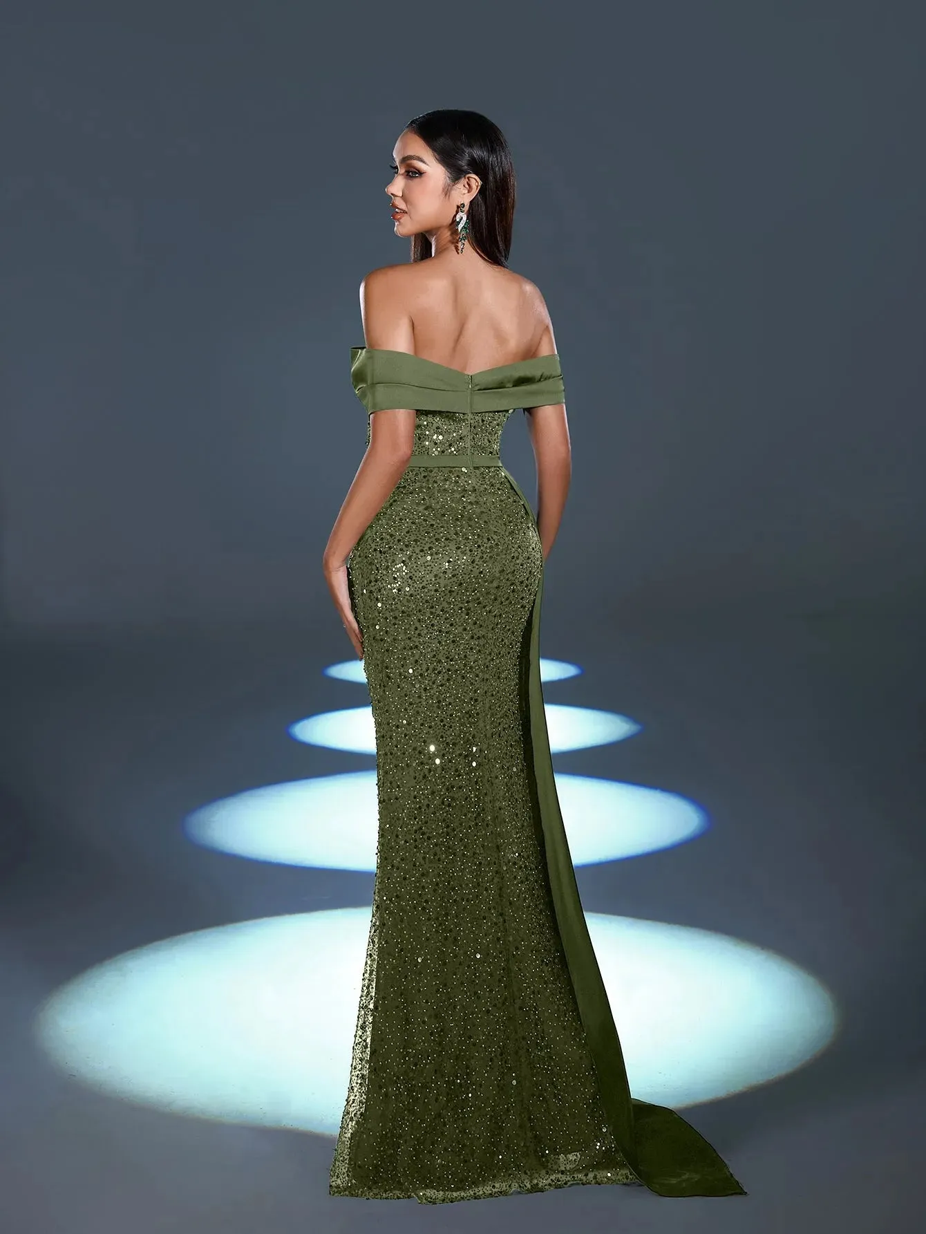 Elegant Off Shoulder Draped Side Split Mermaid Hem Sequin Evening Dress