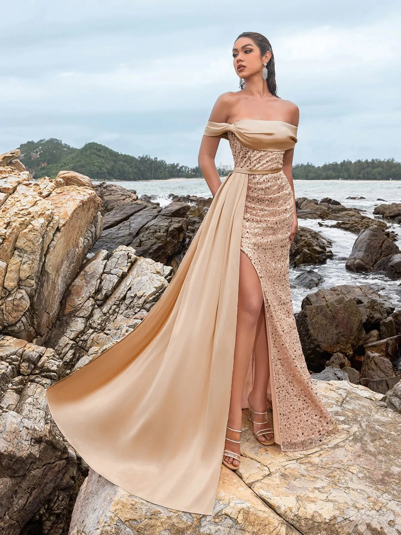 Elegant Off Shoulder Draped Side Split Mermaid Hem Sequin Evening Dress