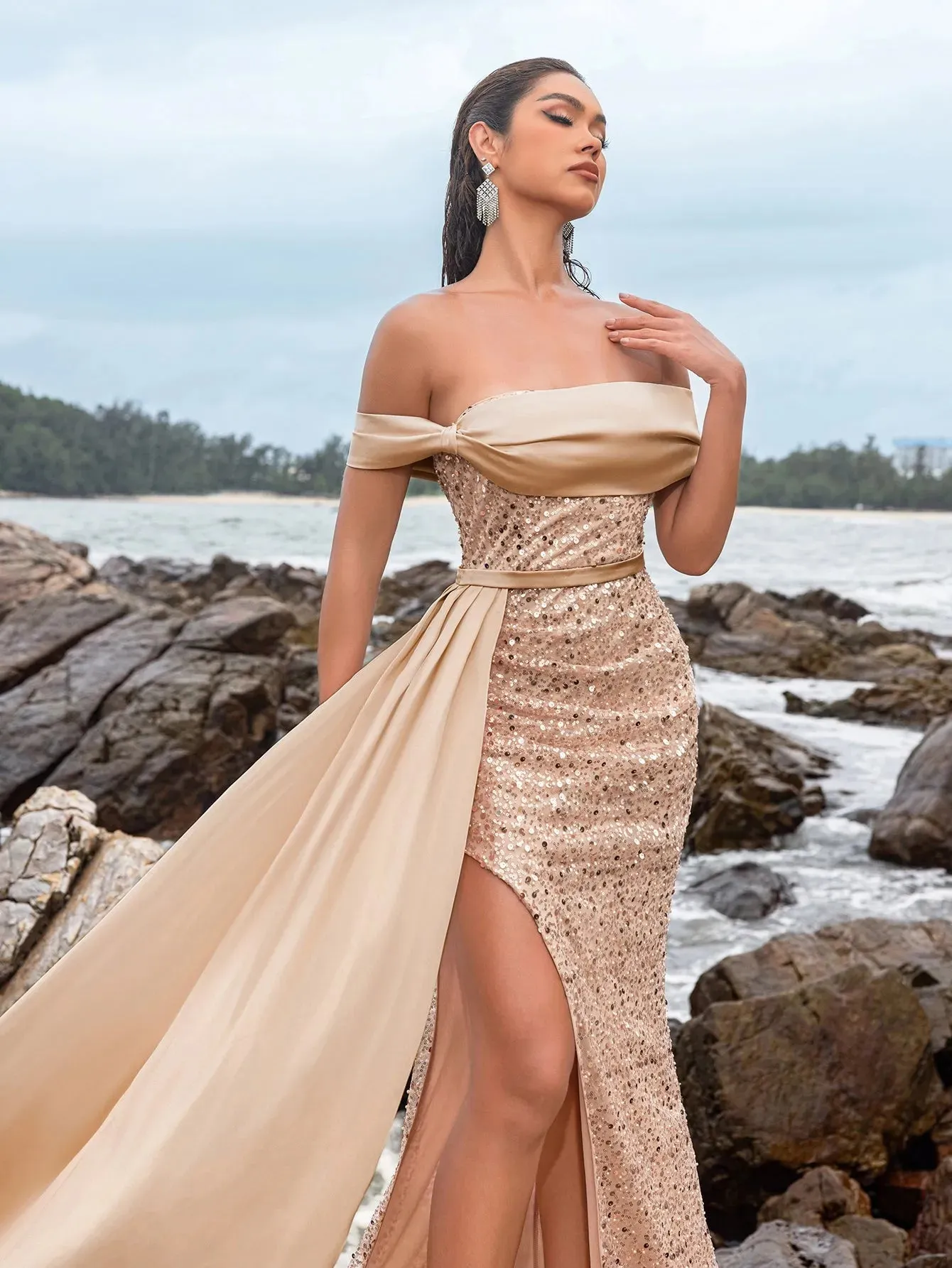 Elegant Off Shoulder Draped Side Split Mermaid Hem Sequin Evening Dress