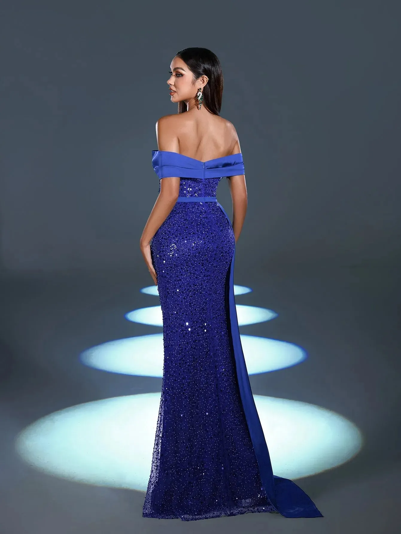 Elegant Off Shoulder Draped Side Split Mermaid Hem Sequin Evening Dress