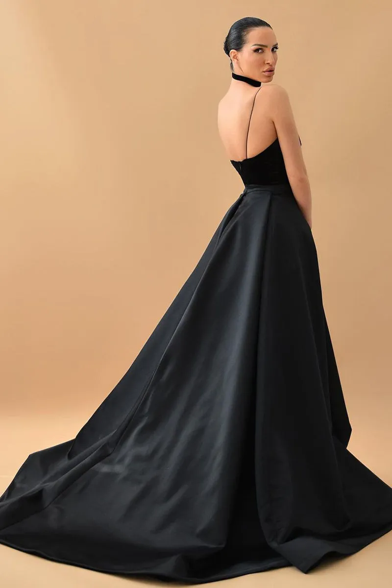 Evening Glamour Black Satin Backless Gown