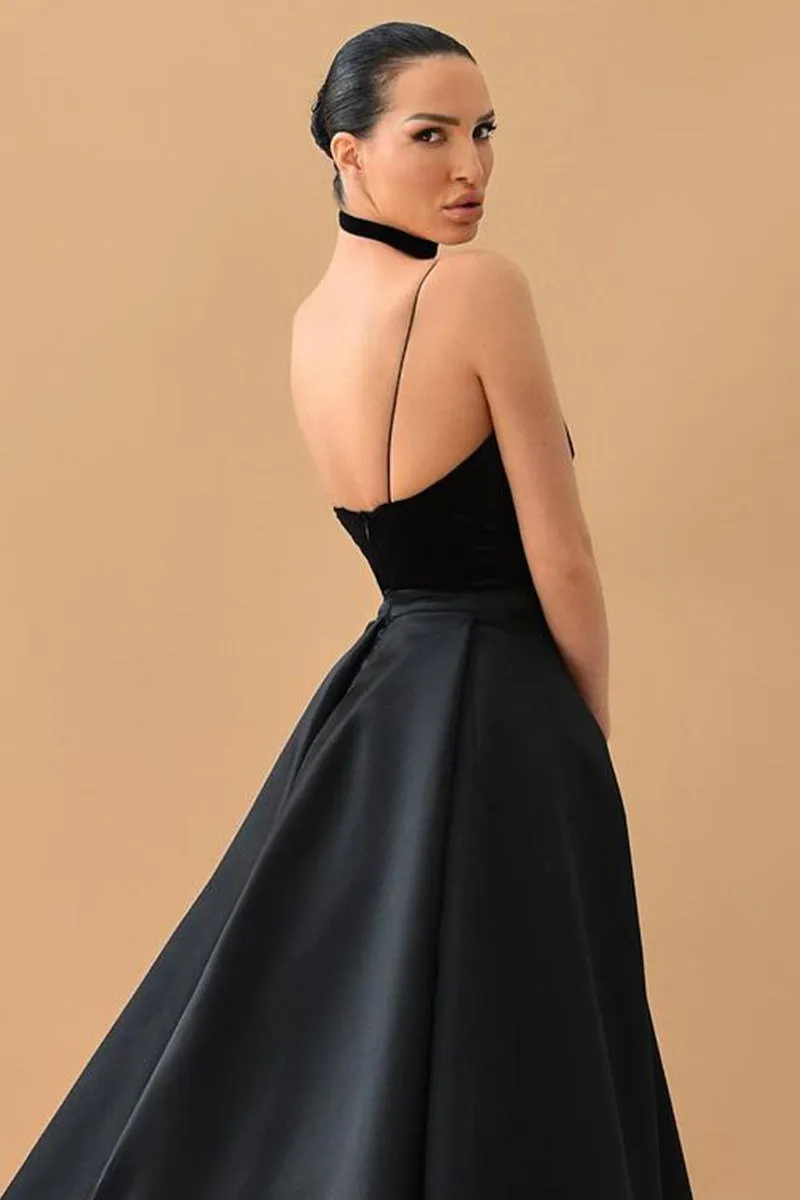 Evening Glamour Black Satin Backless Gown