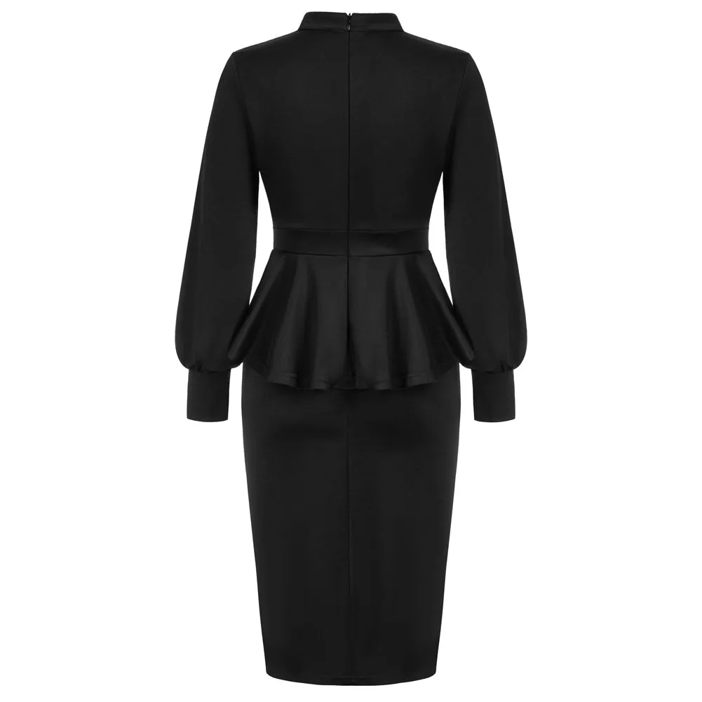 Fans Look of Peplum Bodycon Dress Long Lantern Sleeve High Neck Dress