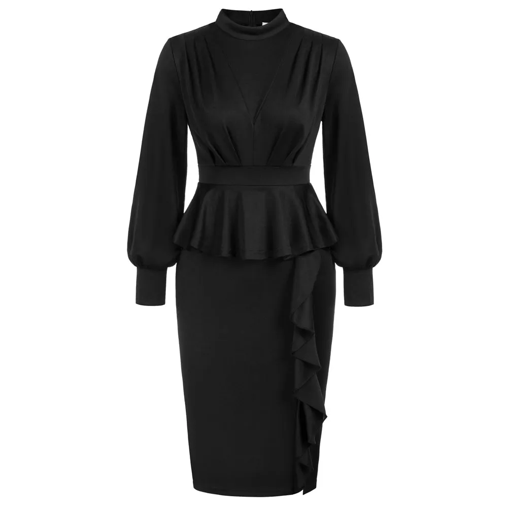 Fans Look of Peplum Bodycon Dress Long Lantern Sleeve High Neck Dress