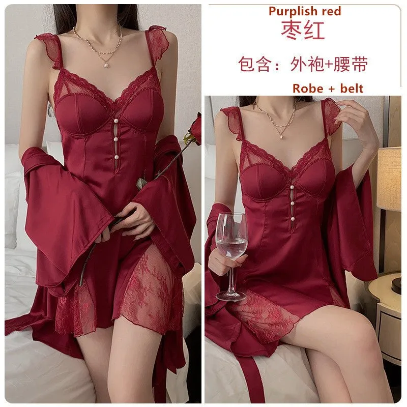 Fashion Satin Patchwork Lace Women's Pajamas J3179