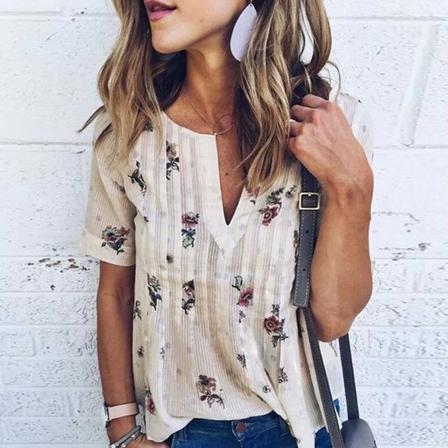 Floral Striped Deep V Neck Casual Blouse