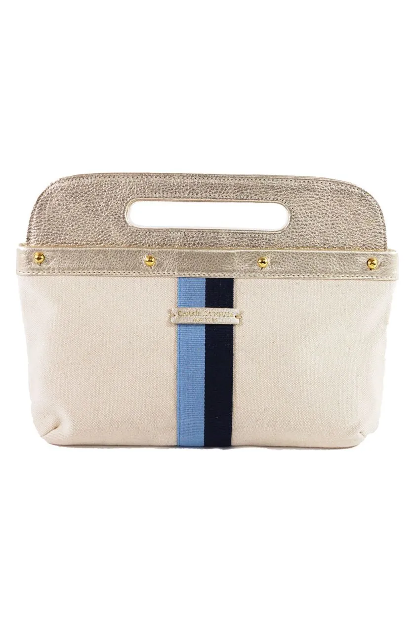 French Blue/Navy Stripe Canvas Clutch Cover w/ Leather Trim