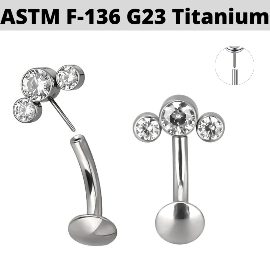 G23 Titanium Threadless Side Push In Triple CZ Cluster Floating Belly Ring