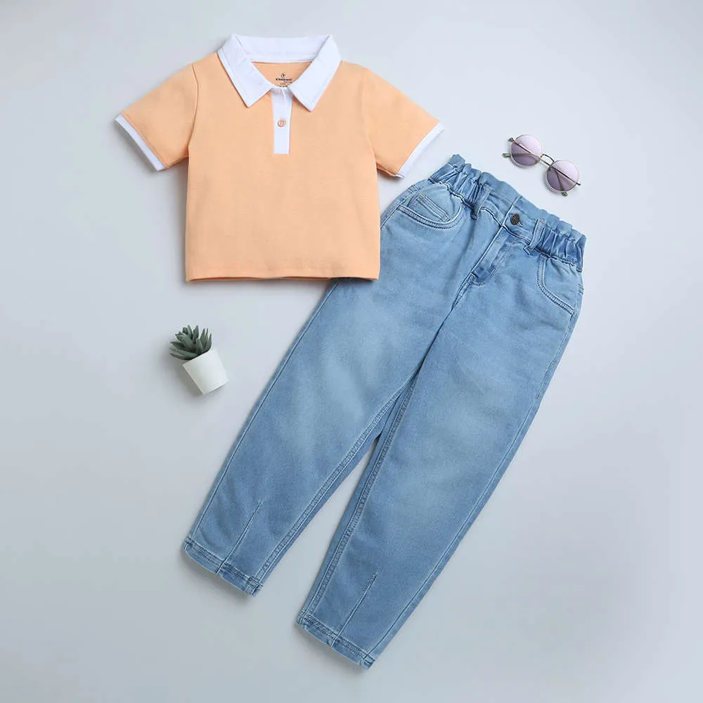 Girls Crop Length Polo tee & Paper Bag Jeans Pant Set