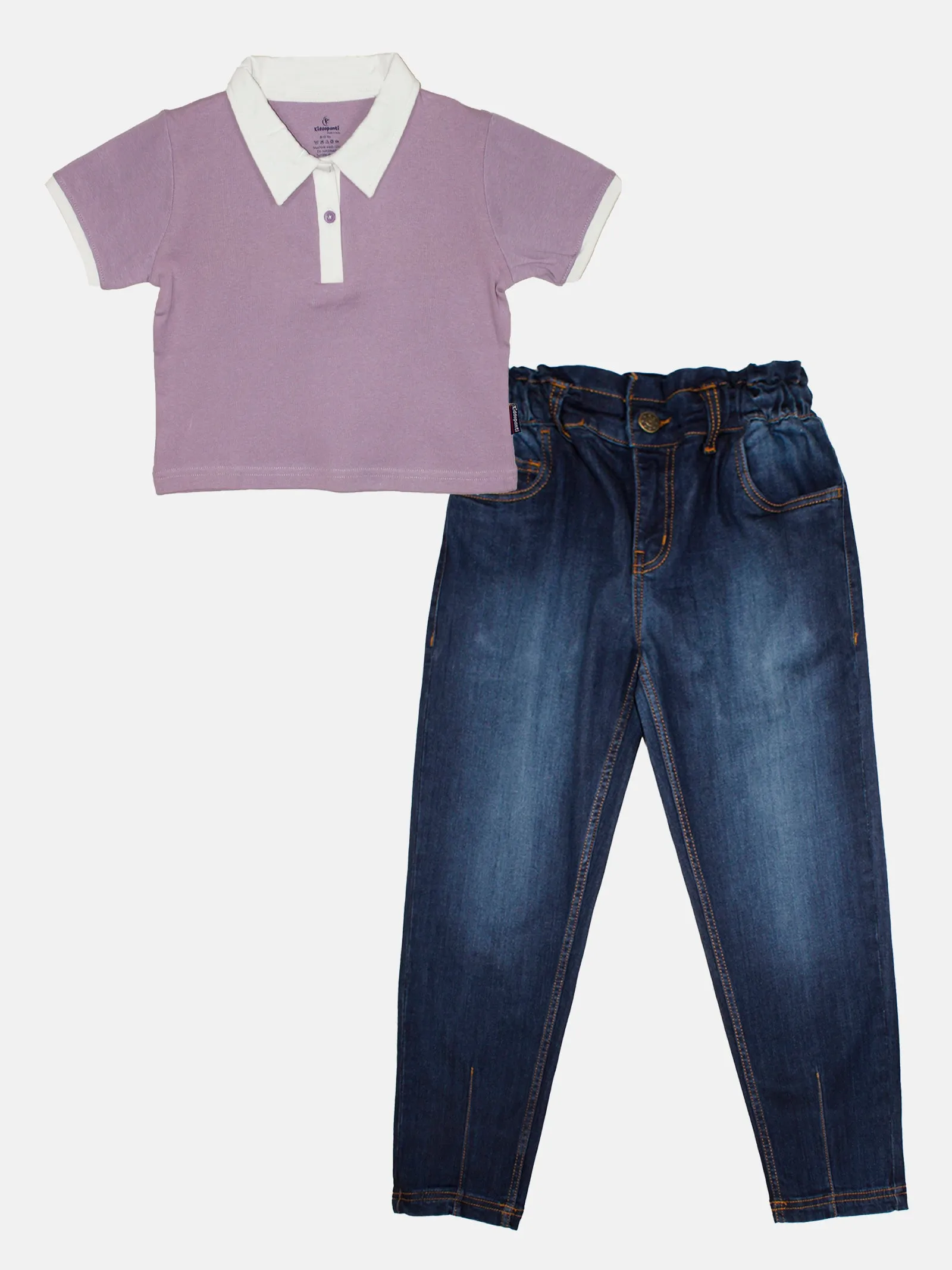 Girls Crop Length Polo tee & Paper Bag Jeans Pant Set