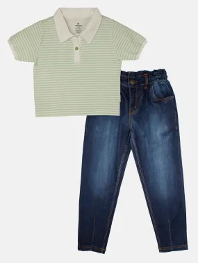 Girls Crop Length Polo tee & Paper Bag Jeans Pant Set