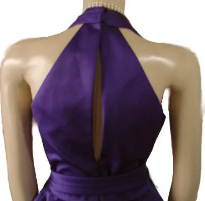 GORGEOUS VINTAGE A.J. BARI PEAU DE SOIE HALTER EVENING GOWN ADORNED WITH A HUGE 10 FOOT SASH & BOW IN AMETHYST