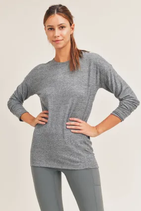 Gray- Brushed Crew Neck Long Sleeve Top