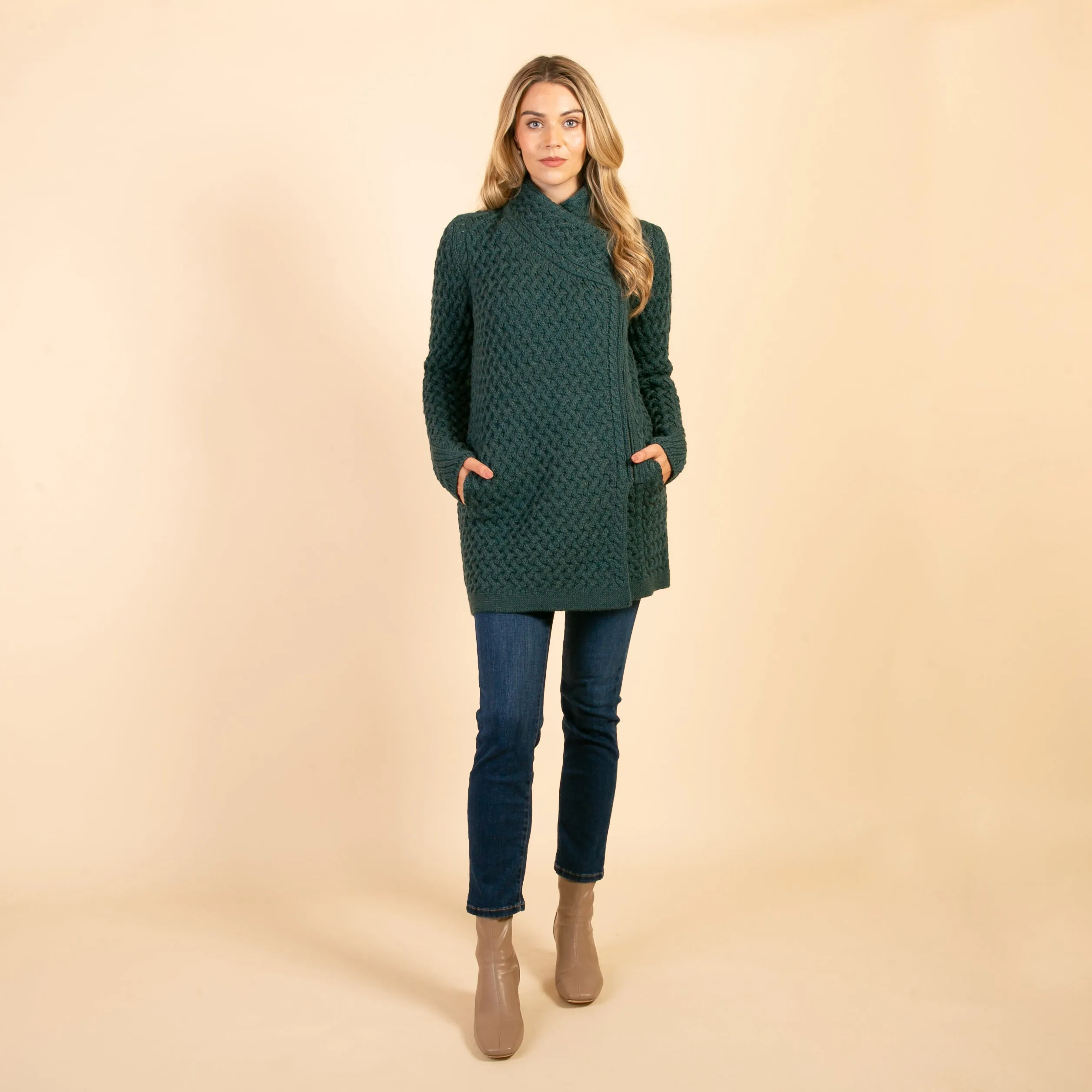 Green Eva Side Zip Aran Cardigan