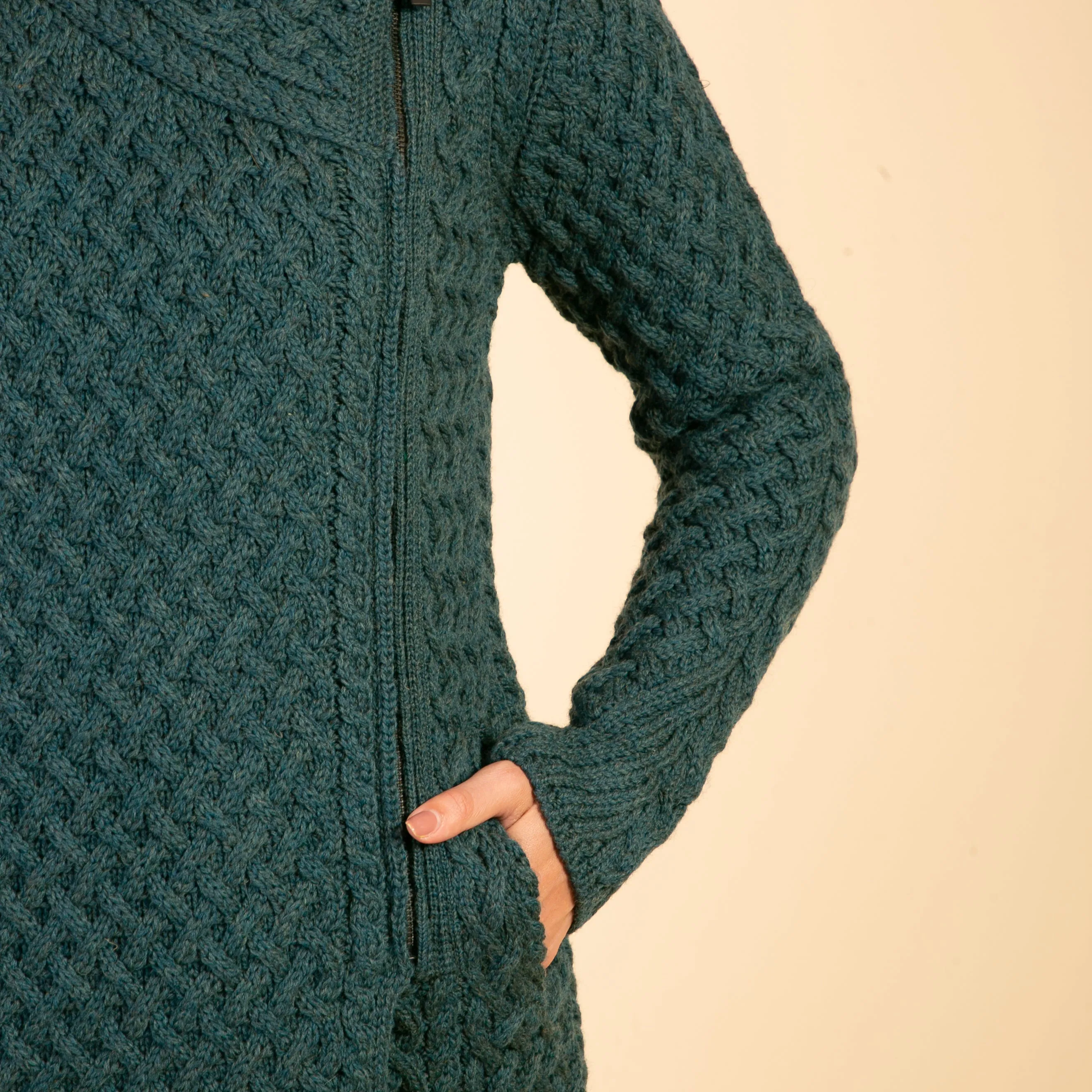 Green Eva Side Zip Aran Cardigan