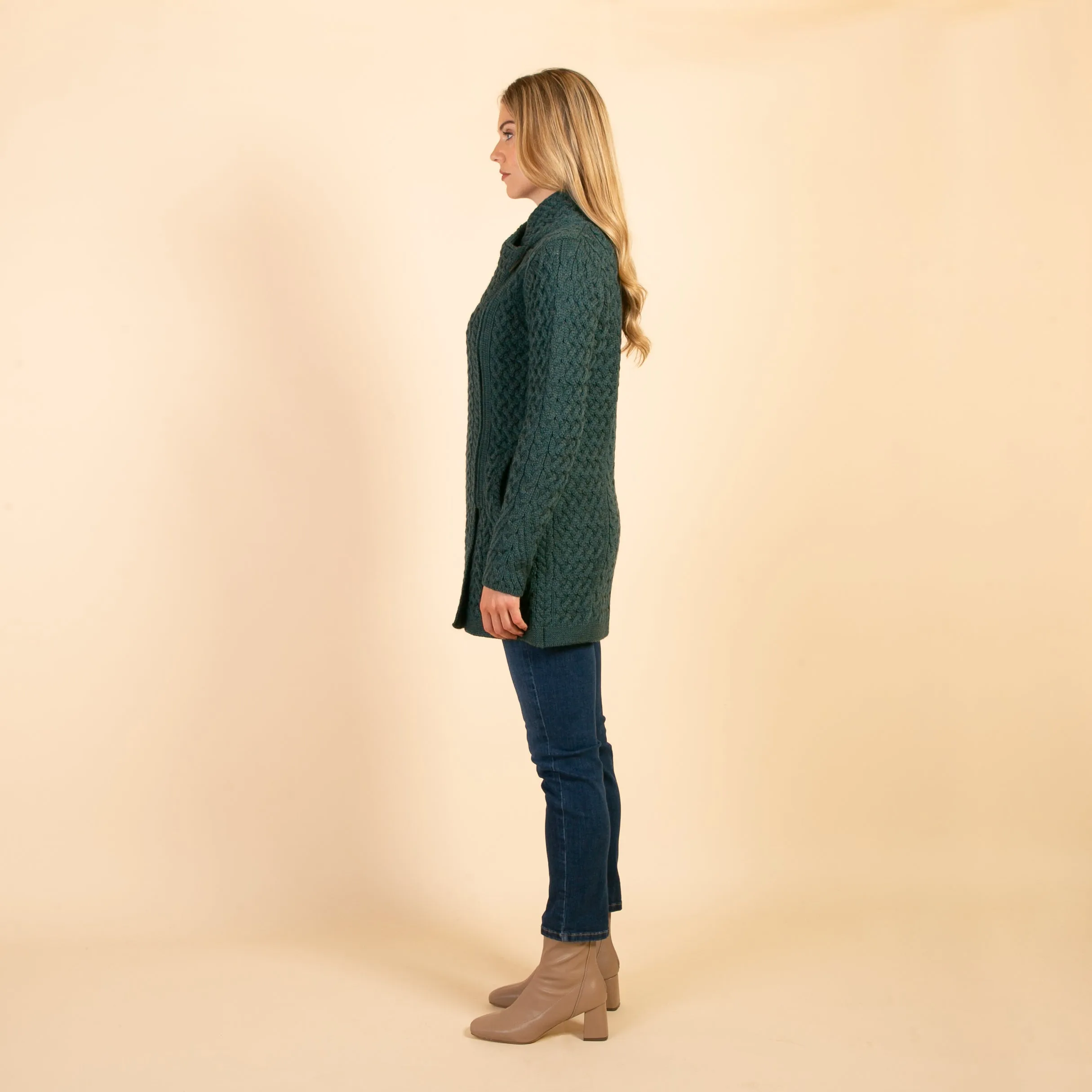 Green Eva Side Zip Aran Cardigan