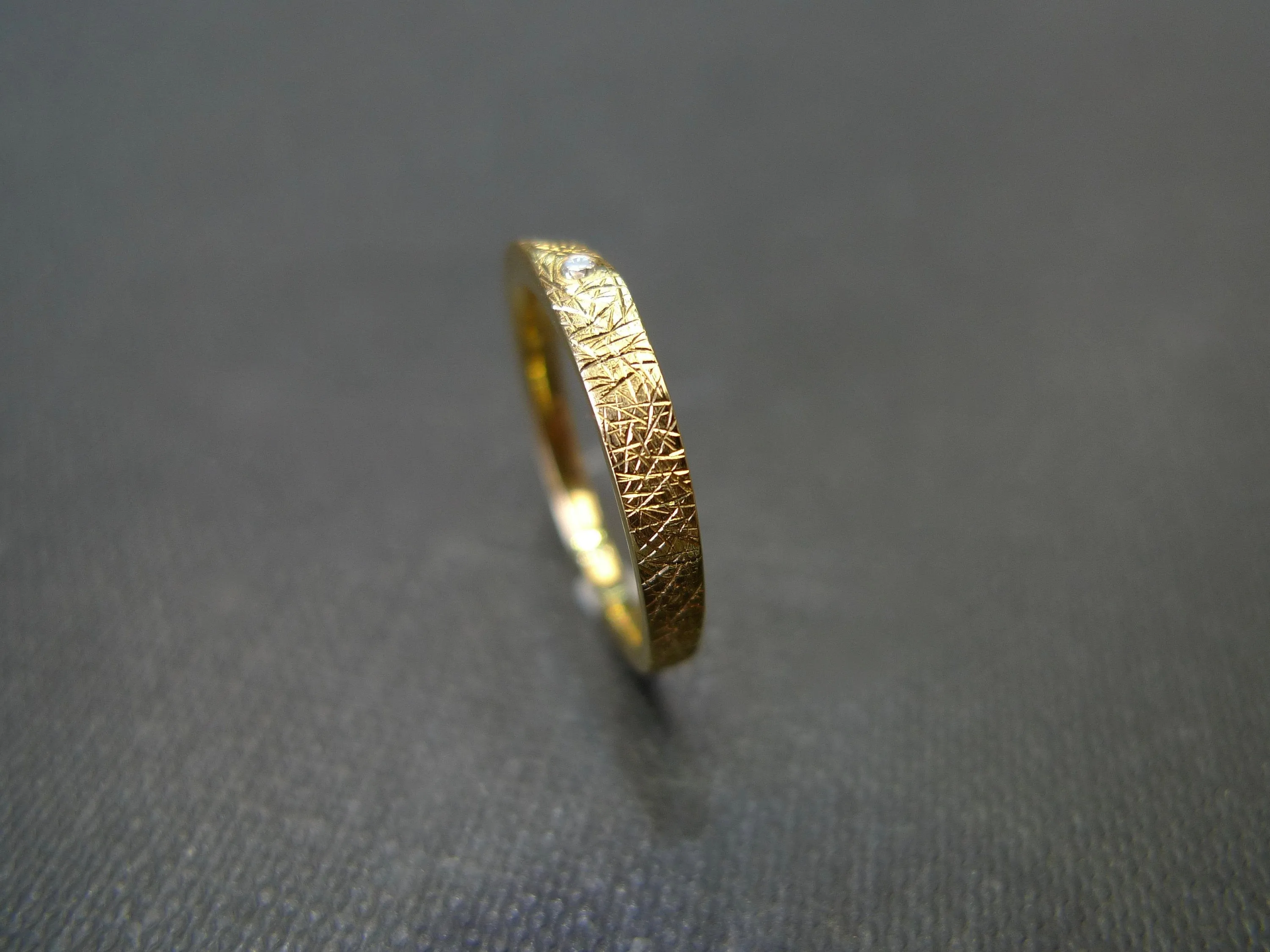 Hand Carved Diamond Wedding Ring in 18K Yellow Gold