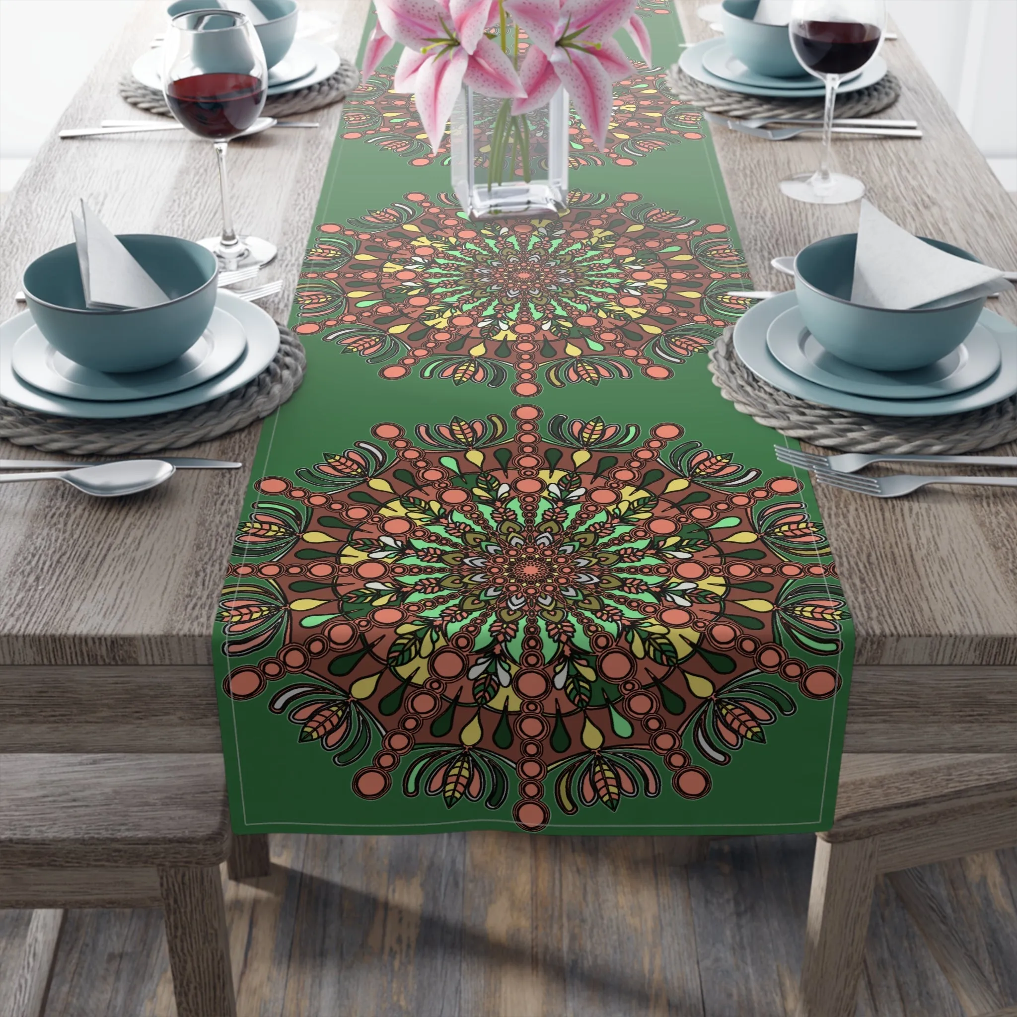 Hand-Drawn Mandala Art Christmas Table Runner - Green (Cotton, Poly)