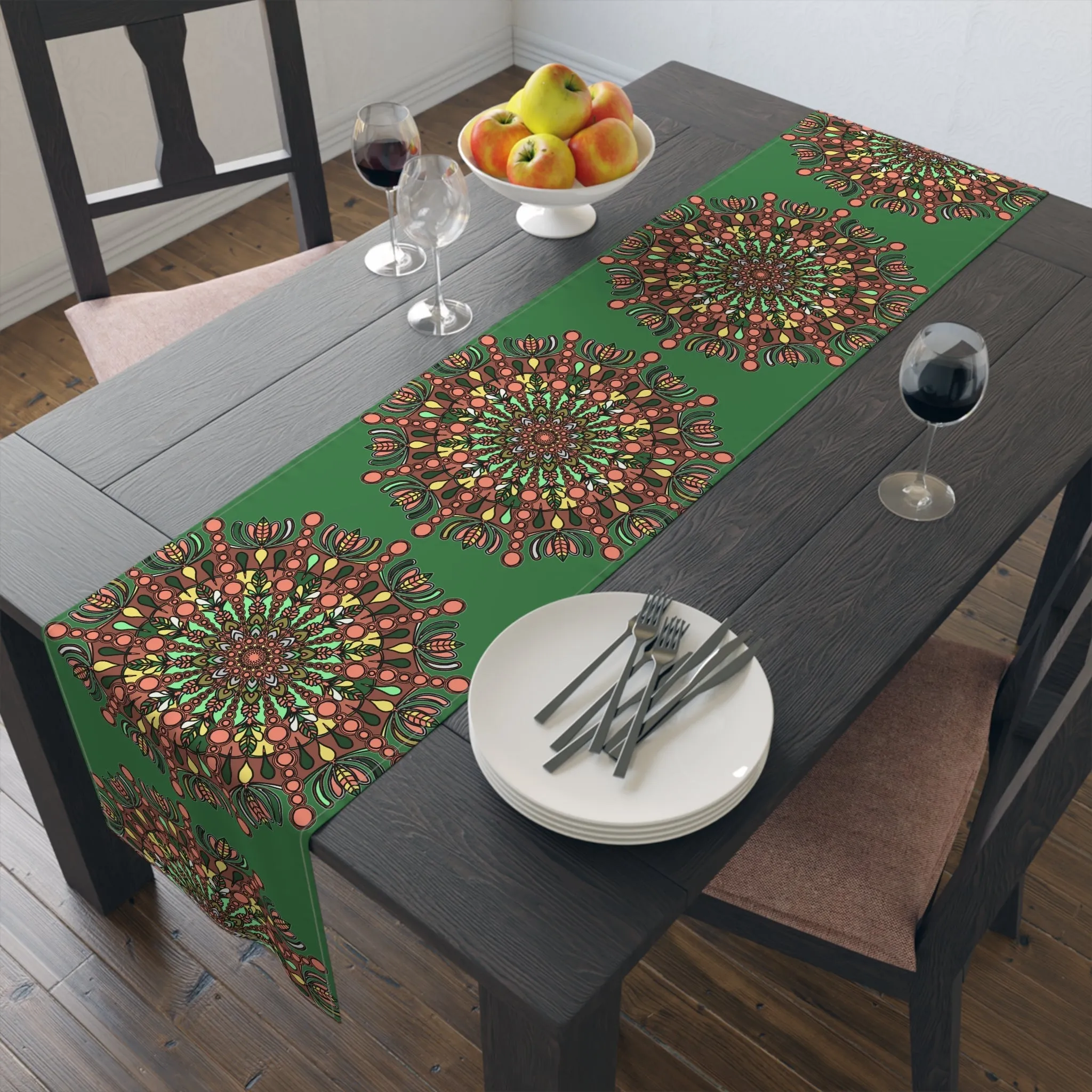 Hand-Drawn Mandala Art Christmas Table Runner - Green (Cotton, Poly)