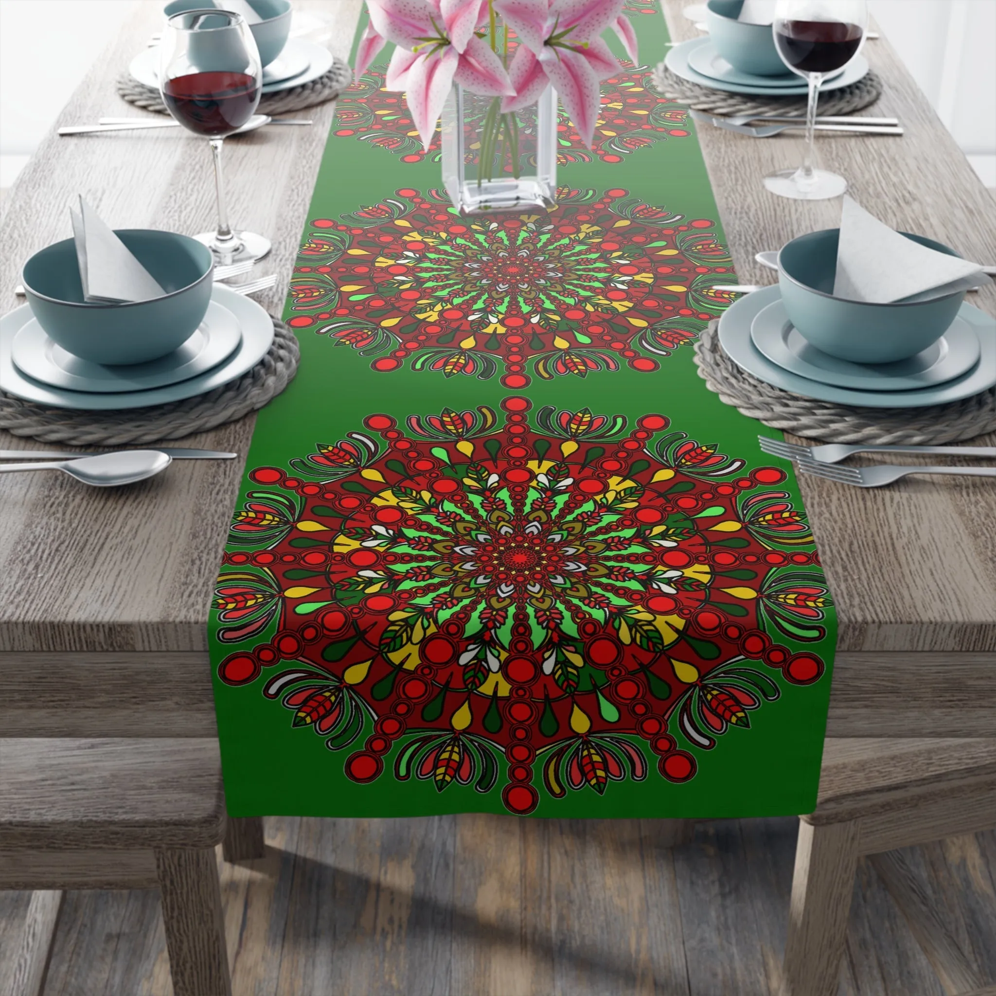 Hand-Drawn Mandala Art Christmas Table Runner - Green (Cotton, Poly)