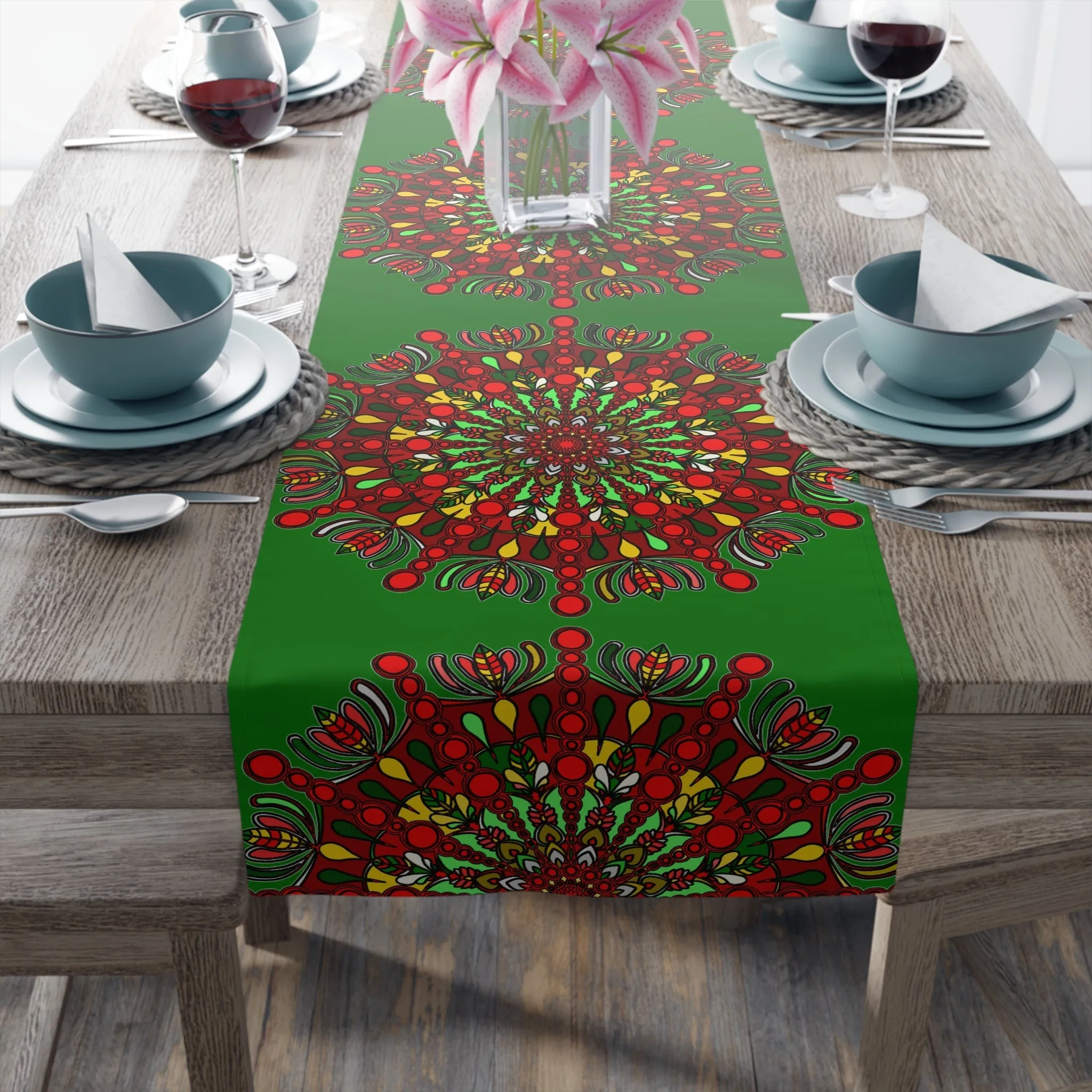 Hand-Drawn Mandala Art Christmas Table Runner - Green (Cotton, Poly)