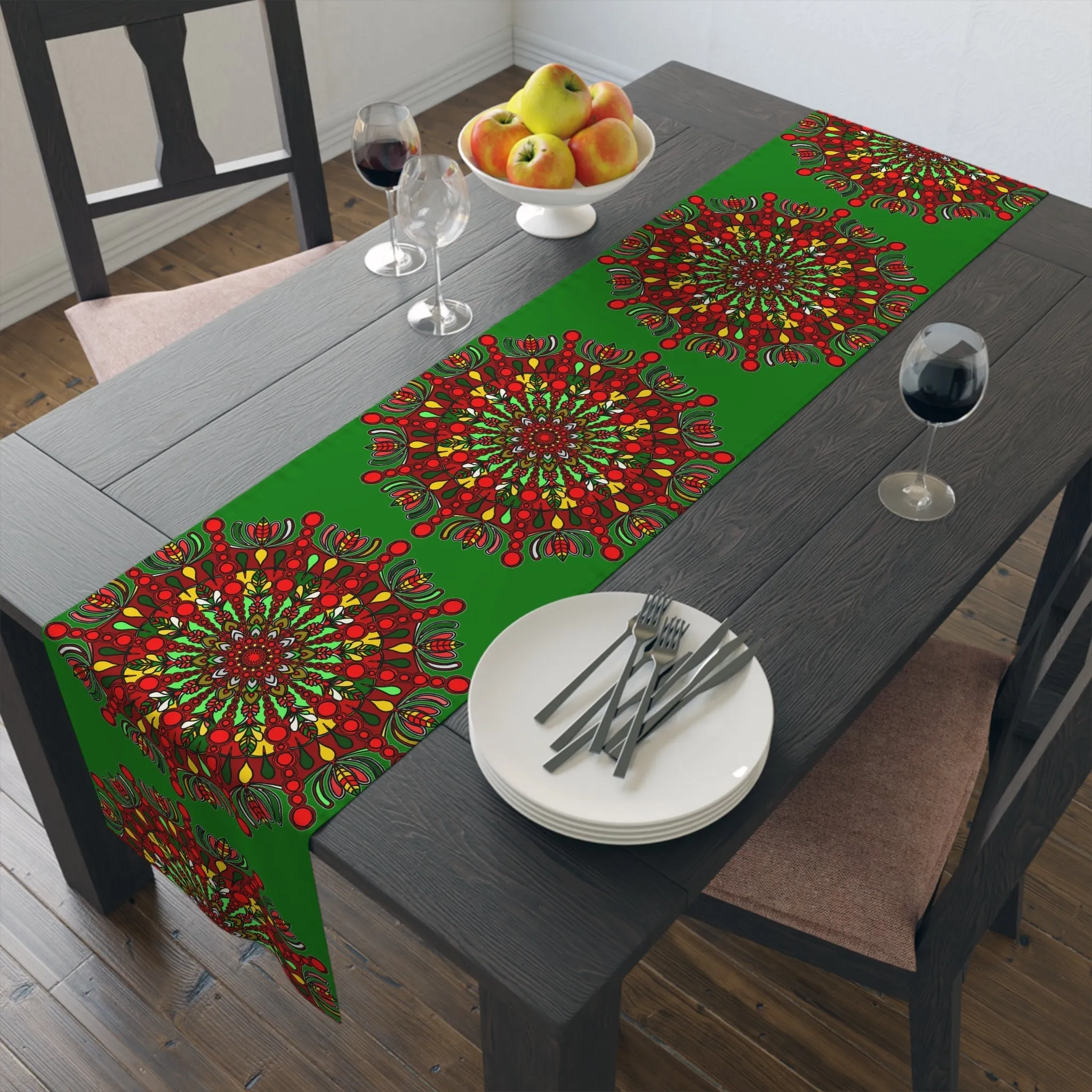 Hand-Drawn Mandala Art Christmas Table Runner - Green (Cotton, Poly)