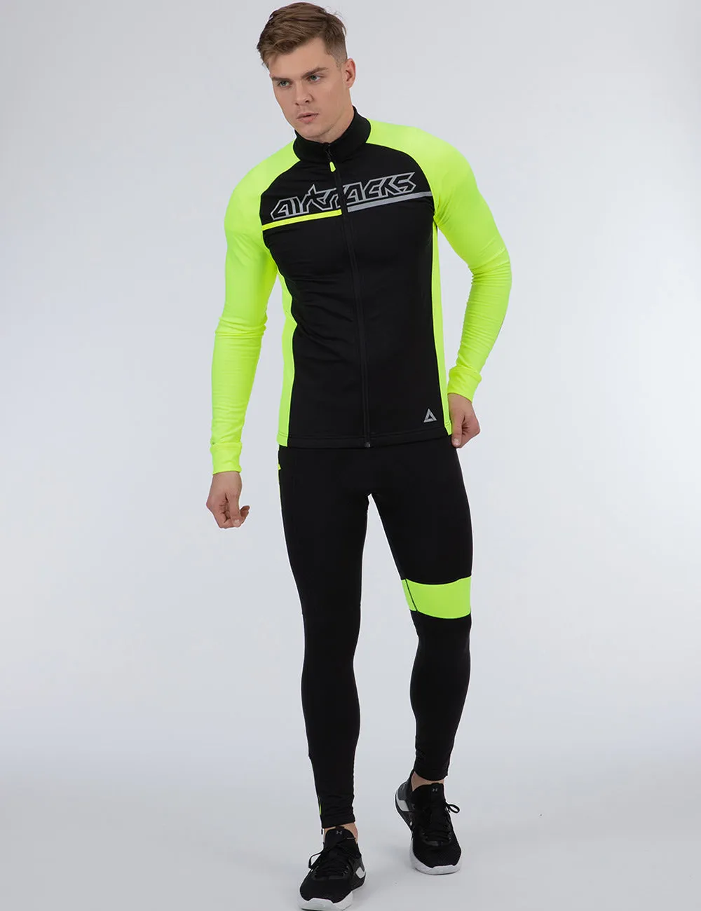 Herren Thermo Fahrradhose Lang Trägerhose Pro Team II  Schwarz-Neon Setprodukt