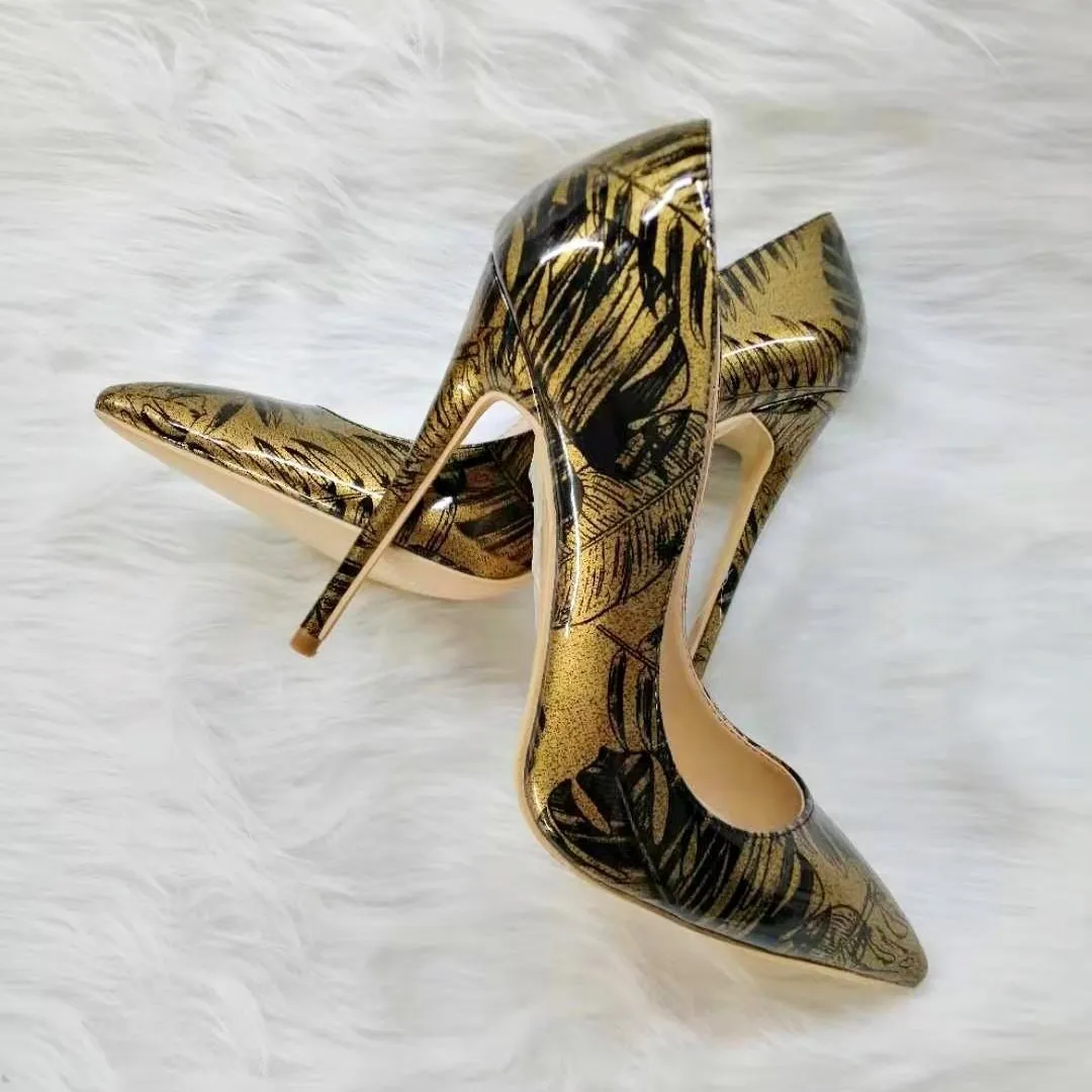 High-heels with gold and black patterns, Fashion Evening Party Shoes, yy29