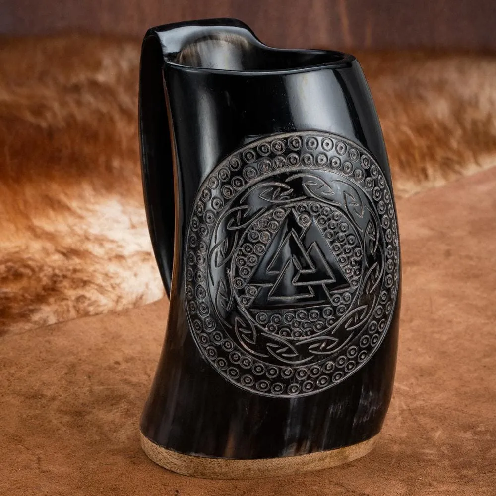 Horn Mug With Valknut and Celtic Scroll Design