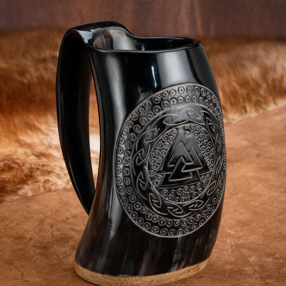 Horn Mug With Valknut and Celtic Scroll Design