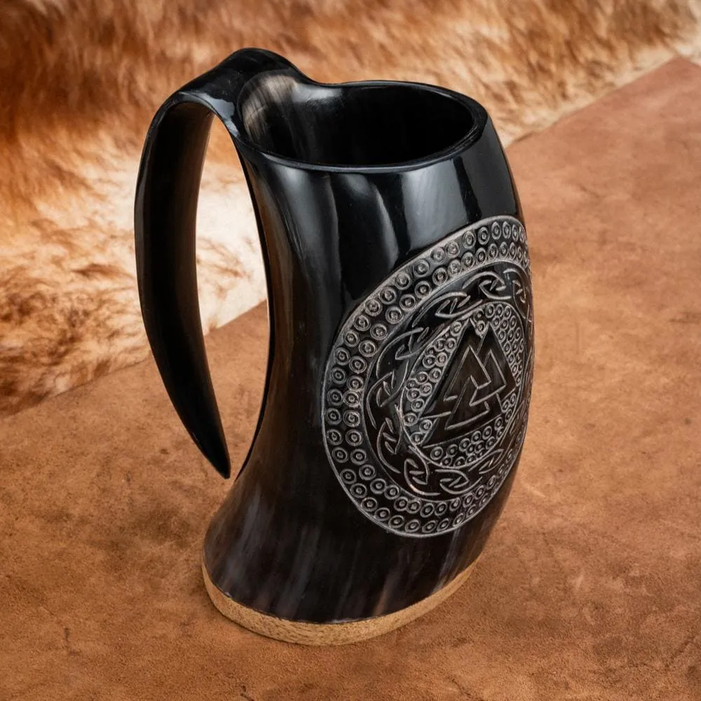 Horn Mug With Valknut and Celtic Scroll Design