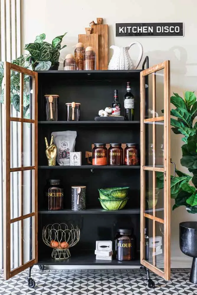 Industrial Style Wooden Display Cabinet On Wheels