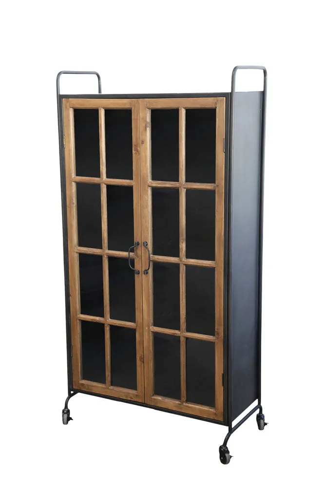 Industrial Style Wooden Display Cabinet On Wheels