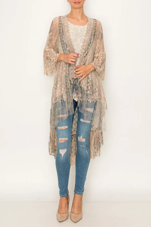 Lace Cardigan Duster in Taupe and Turquoise - Bourbon Cowgirl