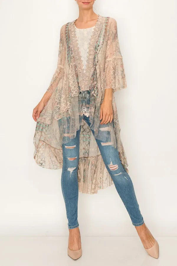 Lace Cardigan Duster in Taupe and Turquoise - Bourbon Cowgirl