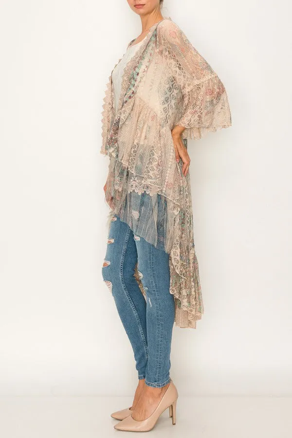 Lace Cardigan Duster in Taupe and Turquoise - Bourbon Cowgirl